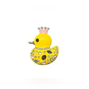 Gold Toned Yellow Enamel Crown Duck Brooch with Rhinestones